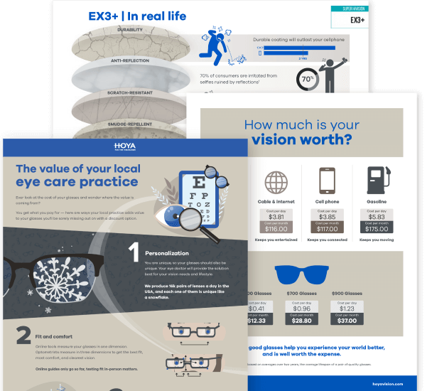 HOYA offers ECPs 5 key infographics on products such as EX3+ and common pain points such as understanding the value of the ECP and the value of vision.